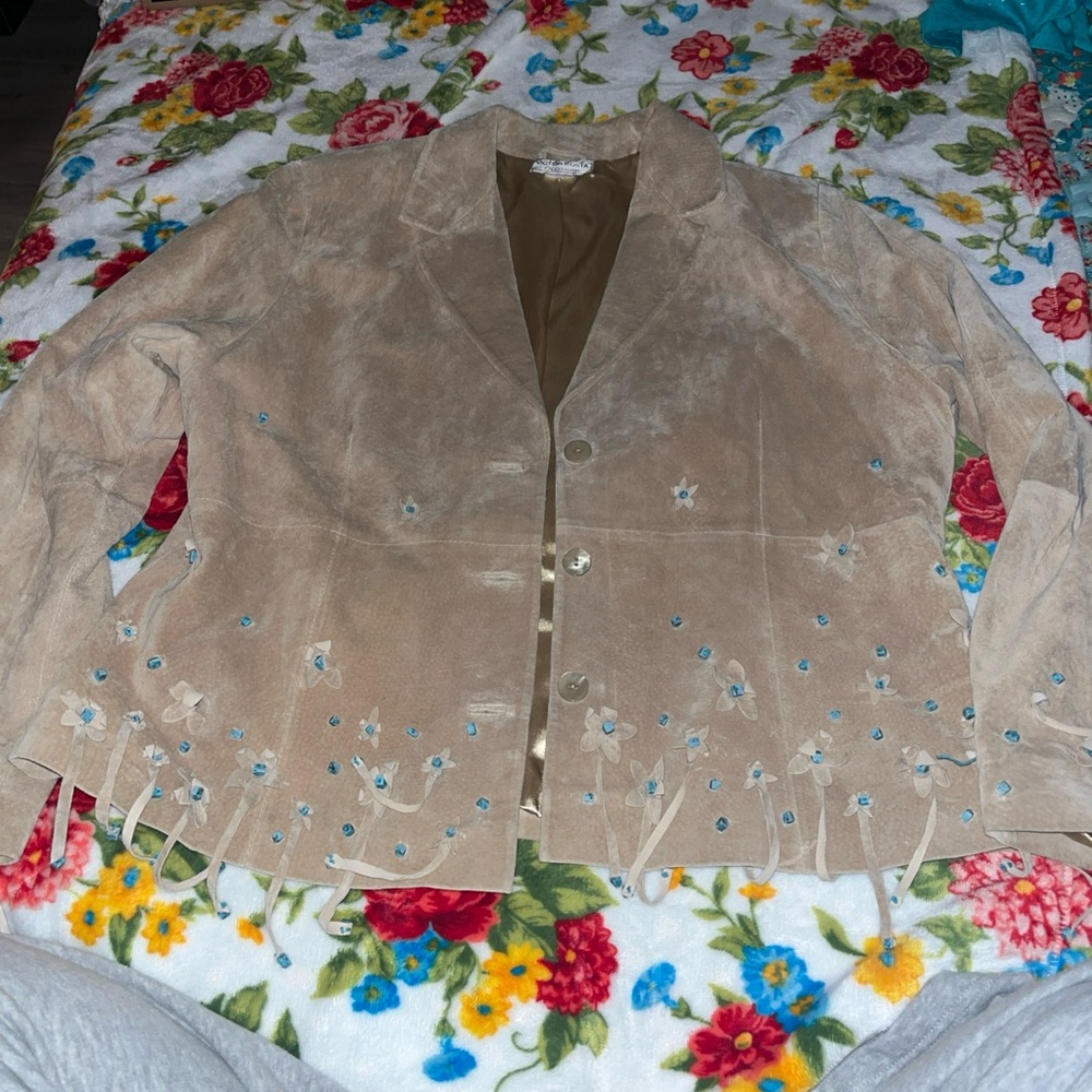 Victor Costa Beige Suede Jacket with Blue Floral Accents size medium